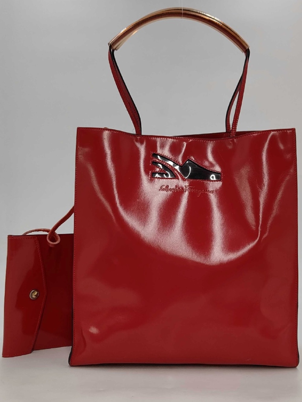 Salvatore Ferragamo Red Patent Leather Large Tote Gold Handles + Pouch